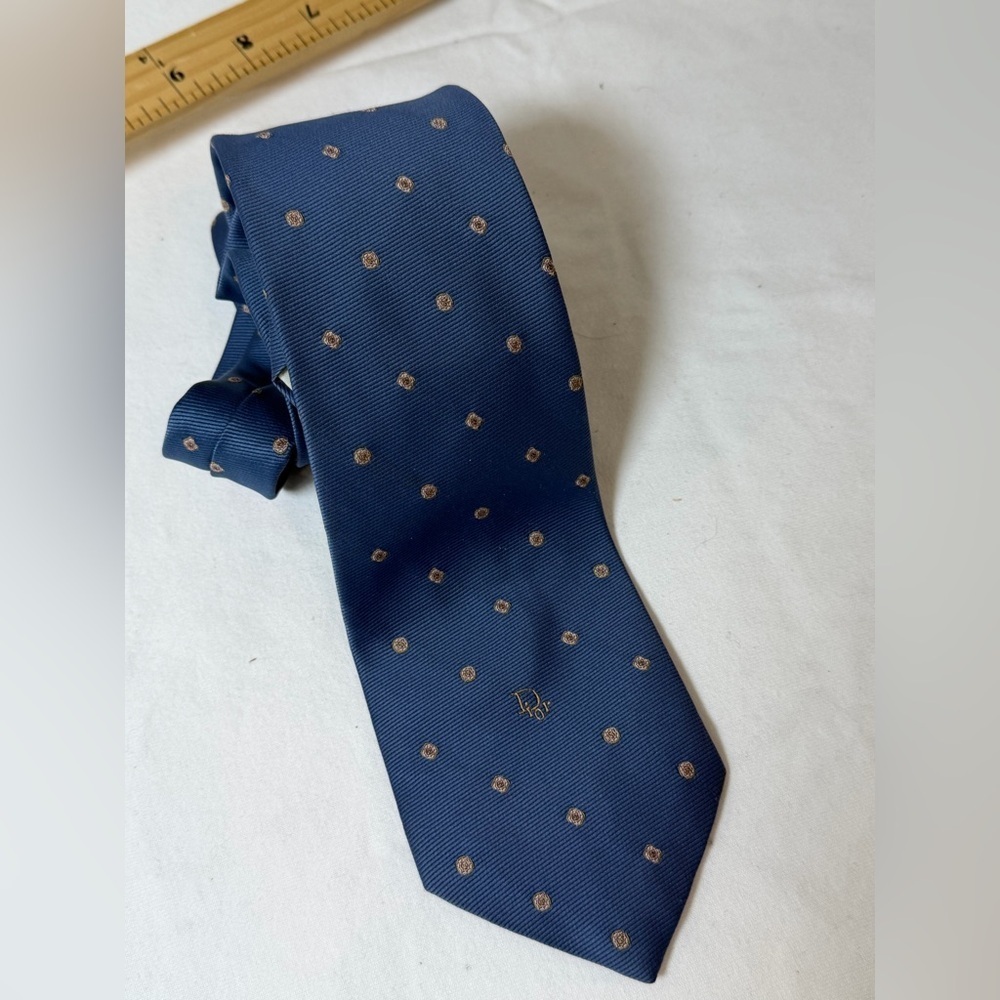 Classic Christian Dior Modern Width Navy Tie with Gold Accents and Dior Logo